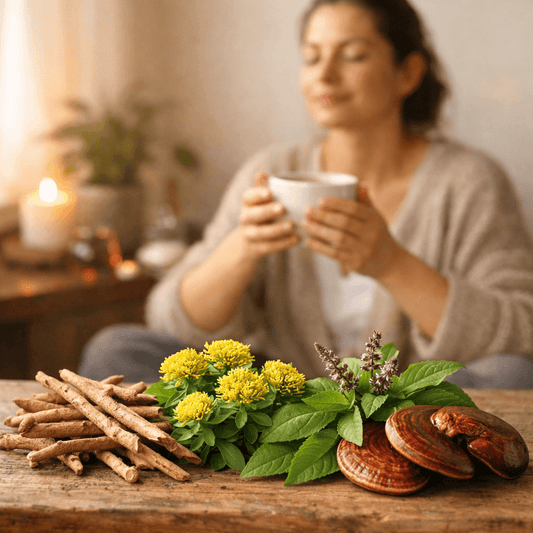 AgmaFocus adaptogenic mushroom and botanical supplements used for natural stress relief and burnout recovery.