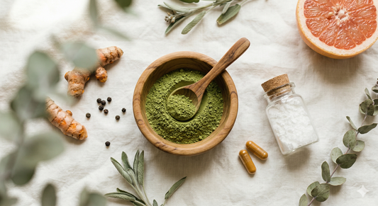 Flat lay of kratom powder in a wooden bowl surrounded by popular potentiator supplements including turmeric, grapefruit, and agmatine sulfate capsules on a light linen surface