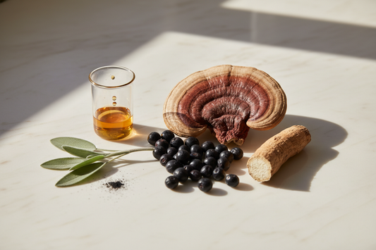 Reishi mushroom, elderberries, and Ashwagandha root arranged on marble with a glass beaker and fresh sage — The Focus Lab natural nootropic botanicals