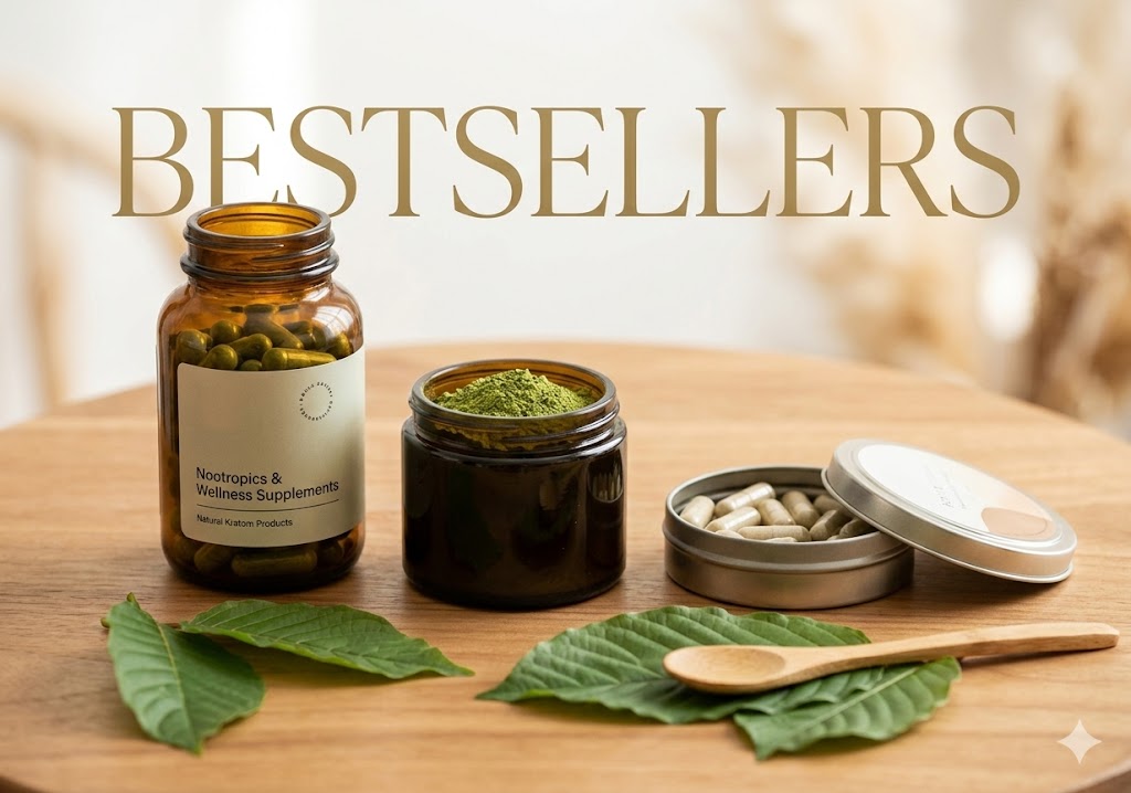 A scattering of herbs and capsules beneath the word Bestsellers!
