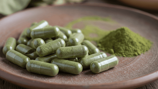 Green capsules and powder on a brown plate