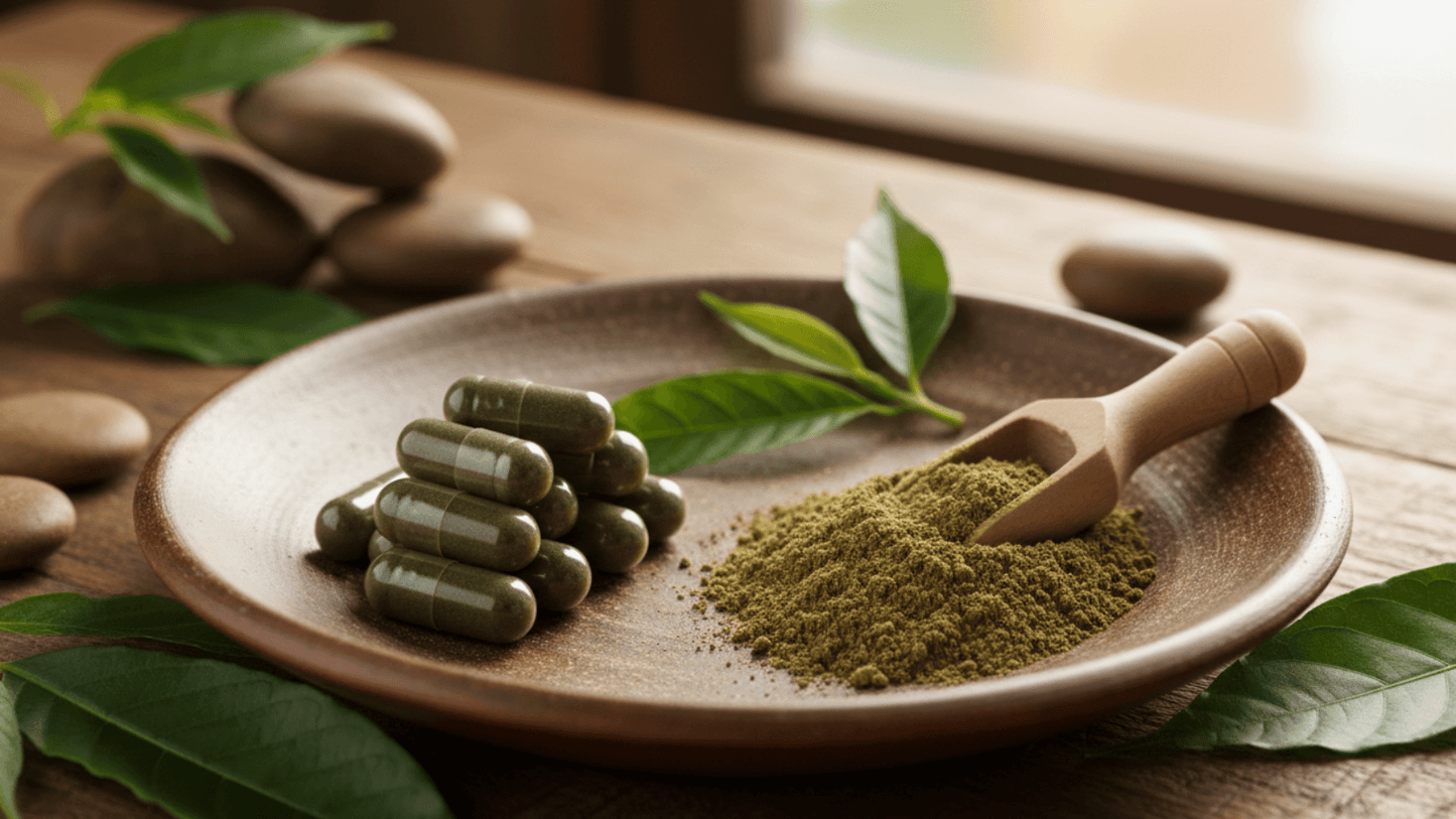 Herbal capsules and powder on a wooden plate with green leaves