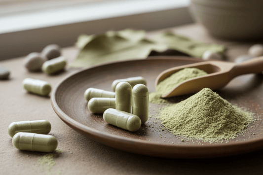 Green powder and capsules on a brown plate with a wooden scoop, on a wooden surface.