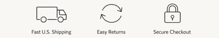 Three icons representing fast U.S. shipping, easy returns, and secure checkout with corresponding text labels.