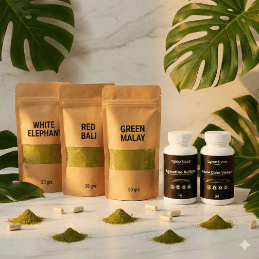 Three brown packaging bags labeled 'White Elephant', 'Red Bali', and 'Green Malay' with bottles of Agima Health products on a light background.