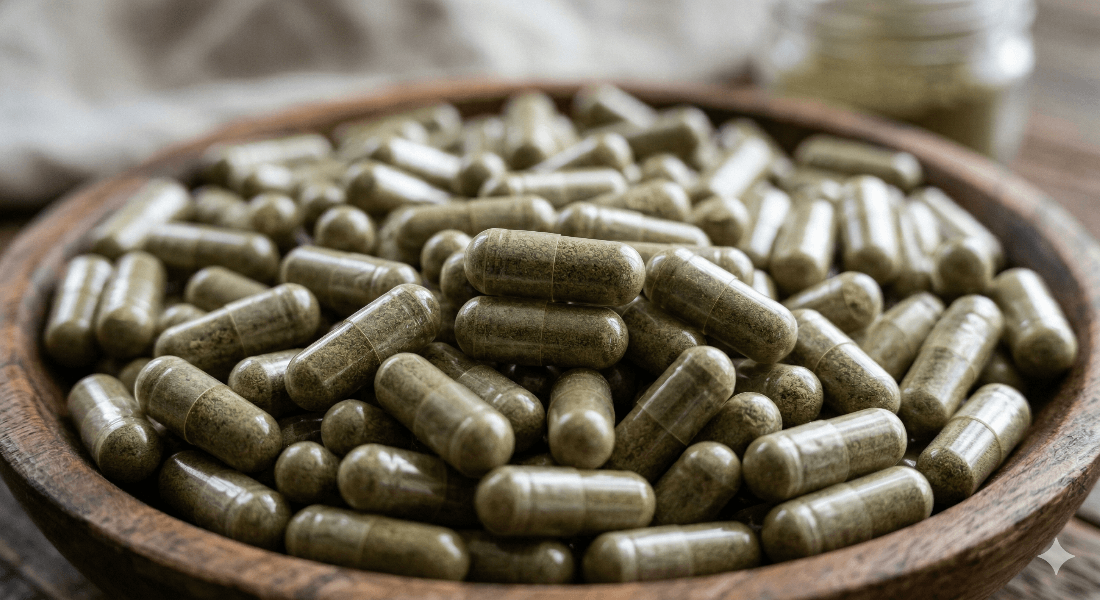 Wooden bowl filled with kratom capsules on a wooden surface