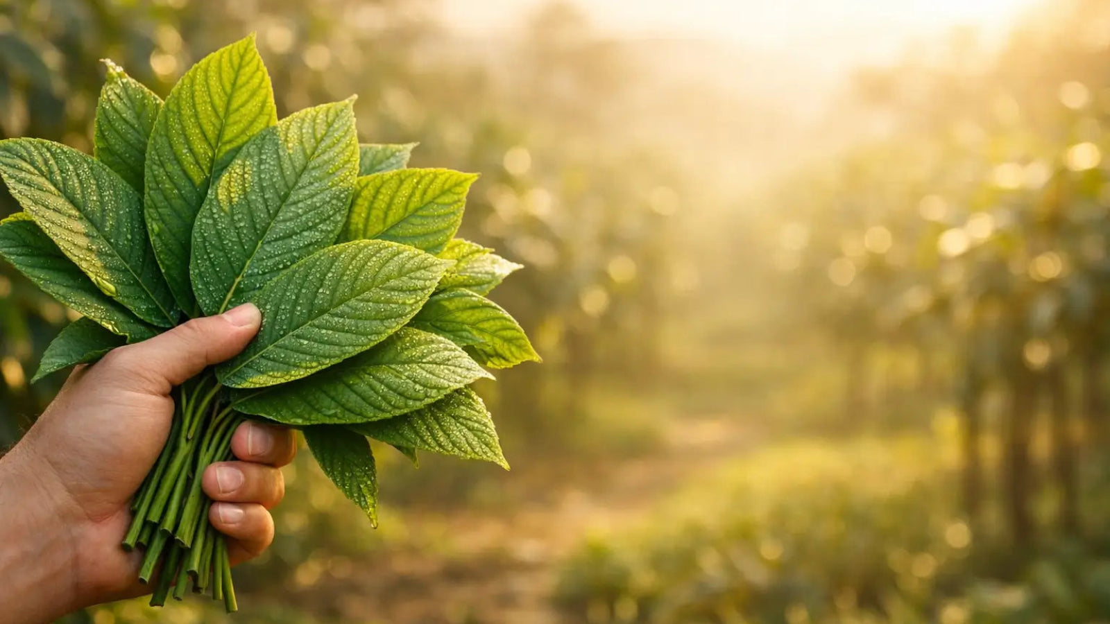 Hand holding a bunch of green leaves with a blurred natural background