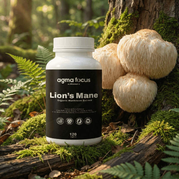Agma Focus Lion's Mane supplement bottle in a forest setting with lion's mane mushrooms.
