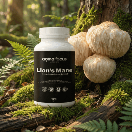 Agma Focus Lion's Mane supplement bottle in a forest setting with lion's mane mushrooms.